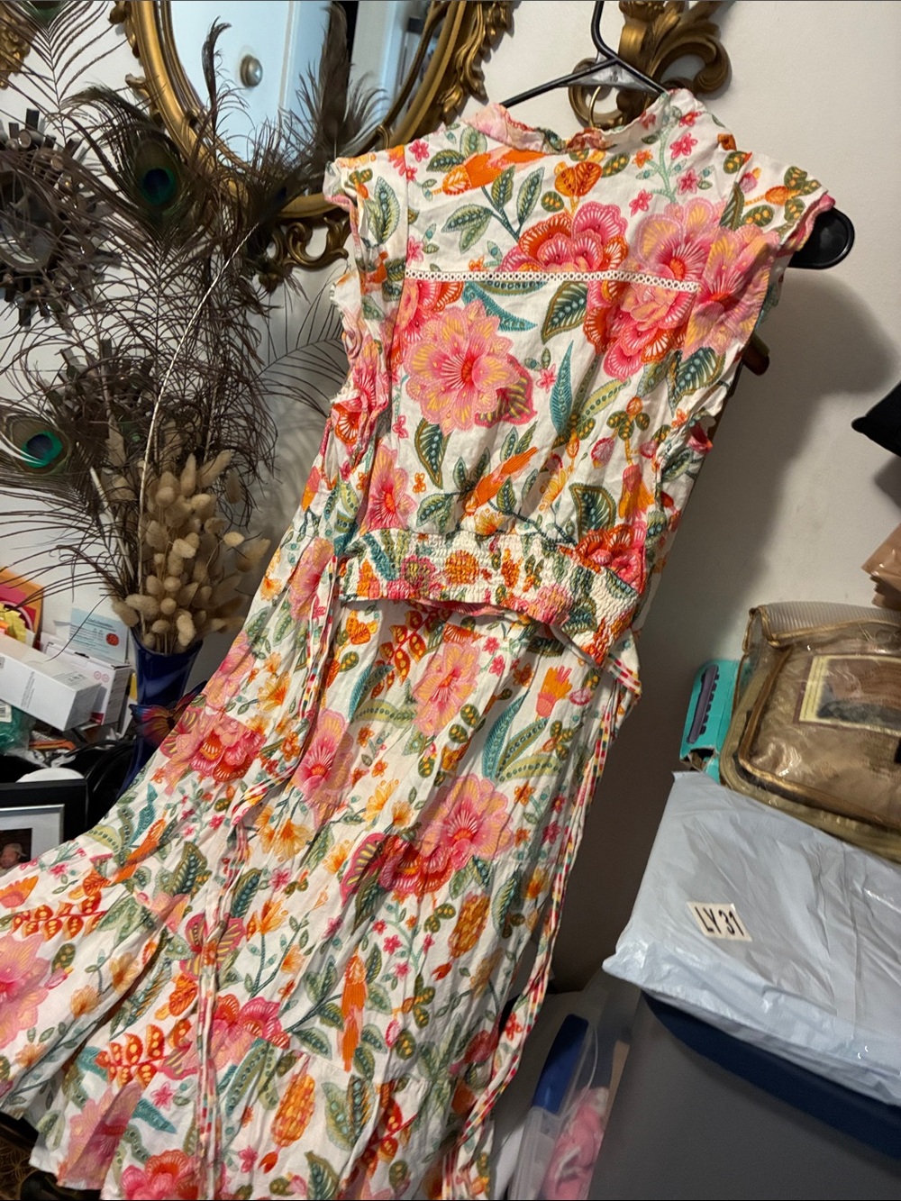 Floral Ruffle Sleeveless Cotton top and a skirt- White with Pink & Orange Flower - Picture 7 of 12